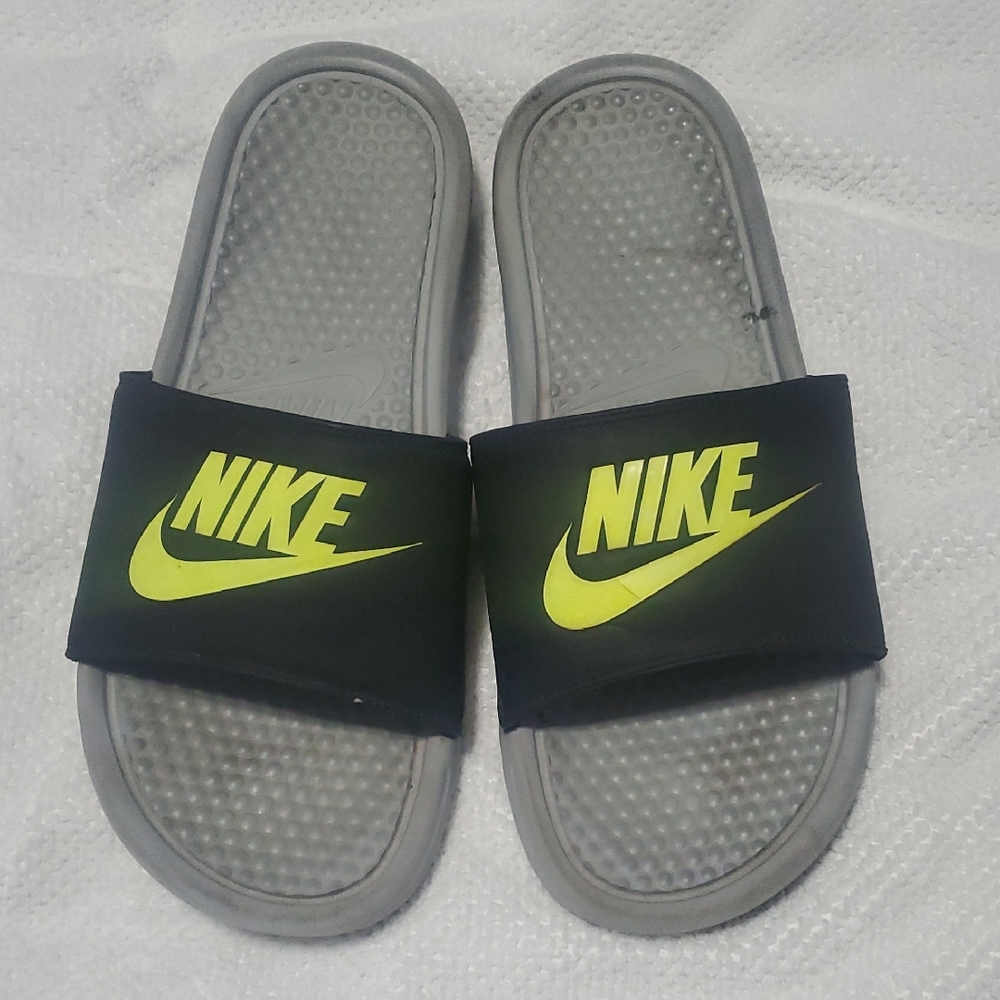 Nike Black Slide Sandals with Neon Yellow Logo